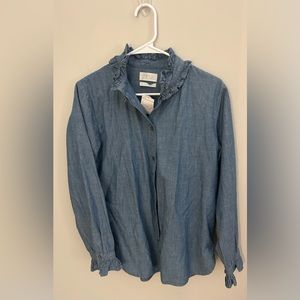 J. Crew denim button down. Size 6 - ruffle neck and sleeves.